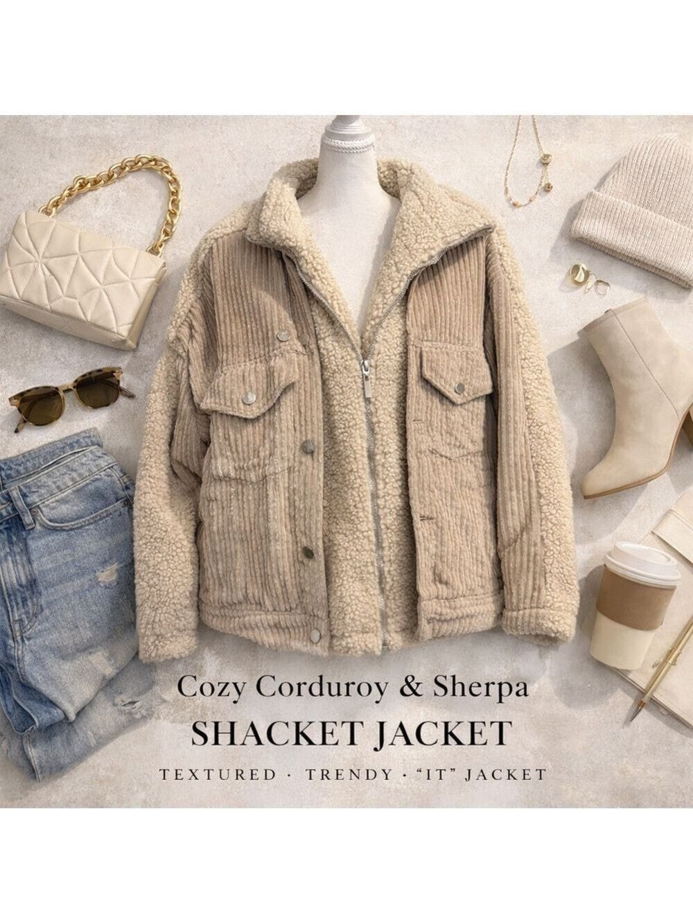 NWT BlankNYC Sherpa Corduroy Shacket Jacket Cream Beige Size Small
